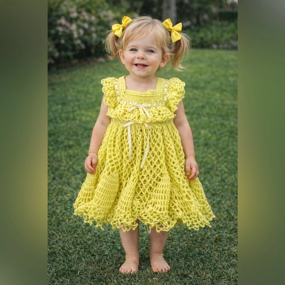 Handmade Yellow Crocheted Toddler Girls Dress - Picture 1 of 4